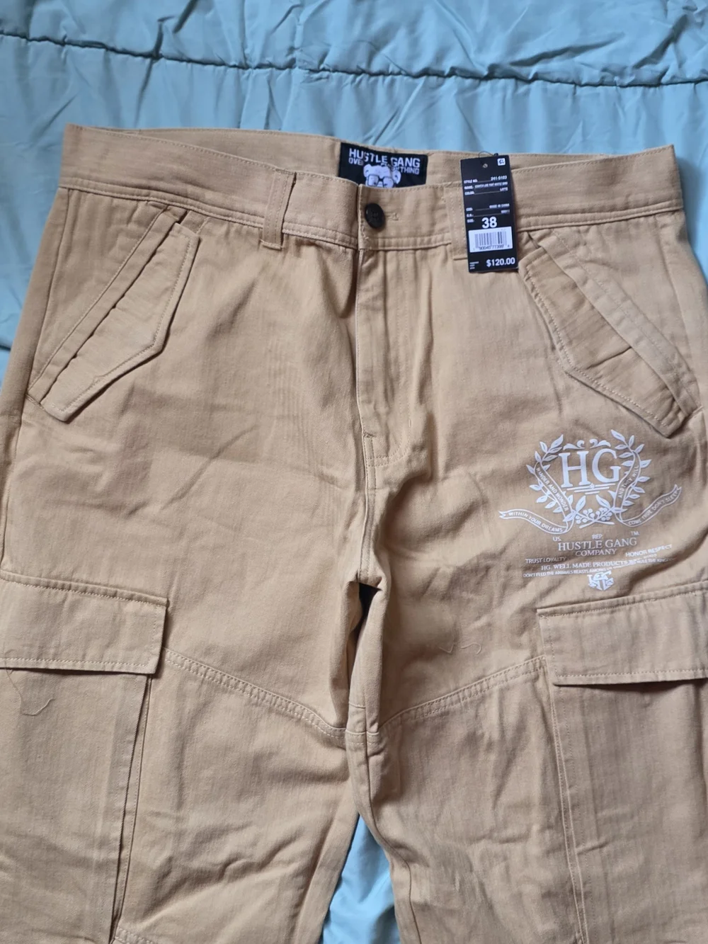 Hustle Gang Men’s Beige-Tan Cargo Pants with Logo Embroidery